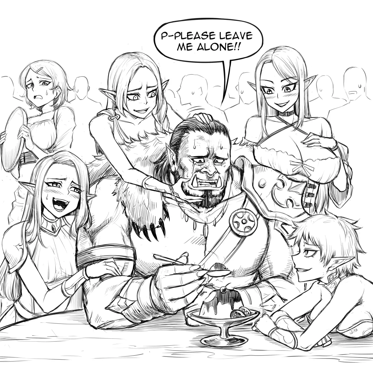 Drunk Elves harassing an Orc in a Tavern (Redrawn) background