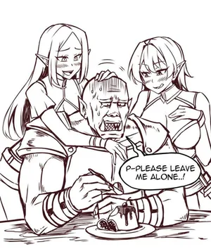 Drunk Elves Harassing an Orc in a Tavern